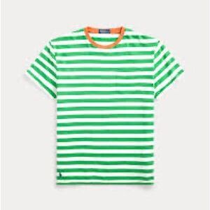 Green and White Striped T-Shirt with Orange Accents